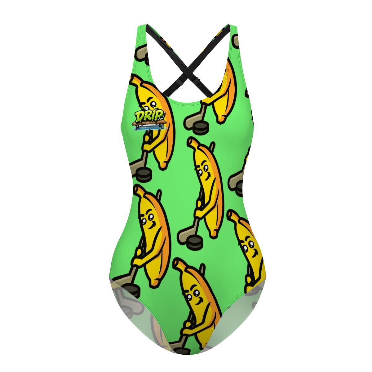 Cross-Back One Piece Swimsuit Women - Bananas about Hockey Hot Green