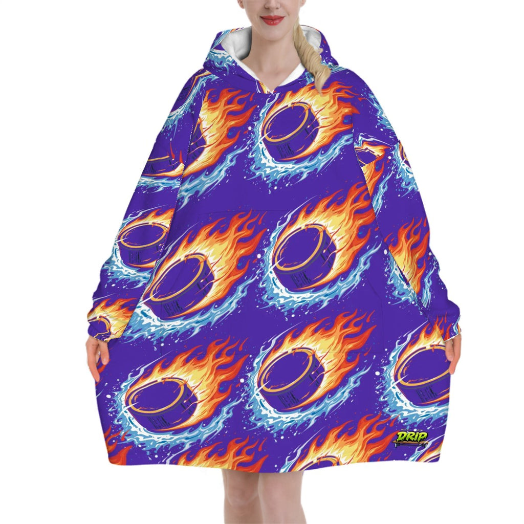 Adult Blanket Sweatshirt - Flamin Hockey Pucks Royal Purple