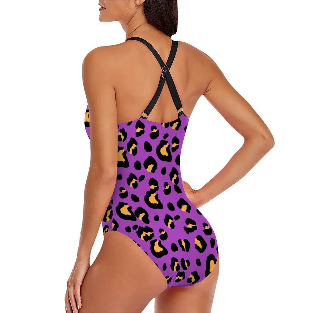 Cross-Back One Piece Swimsuit Women - Drip Bench Leopard Purple