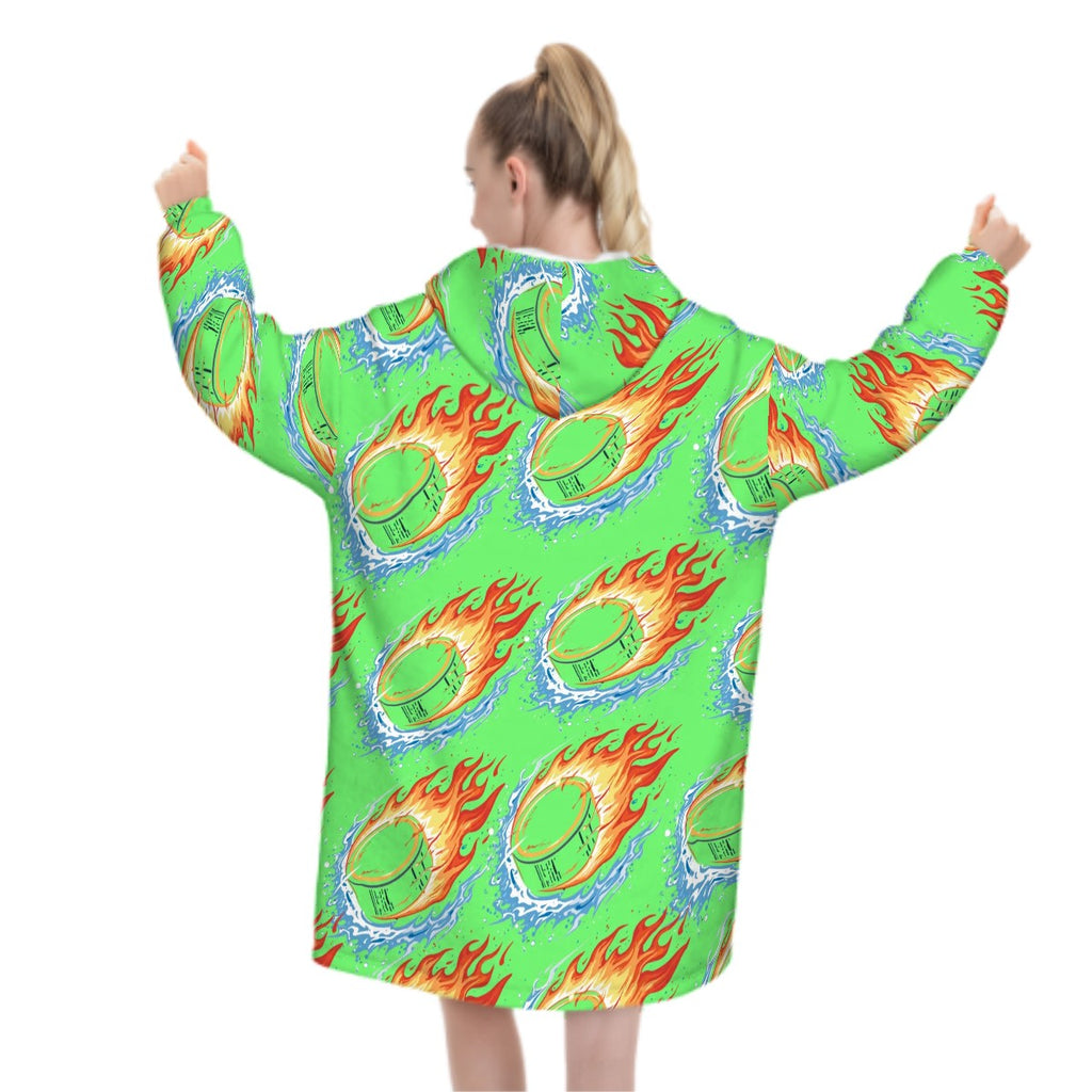 Adult Blanket Sweatshirt - Flamin Hockey Pucks Hot Green