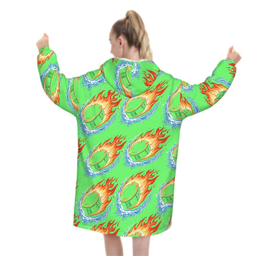 Adult Blanket Sweatshirt - Flamin Hockey Pucks Hot Green