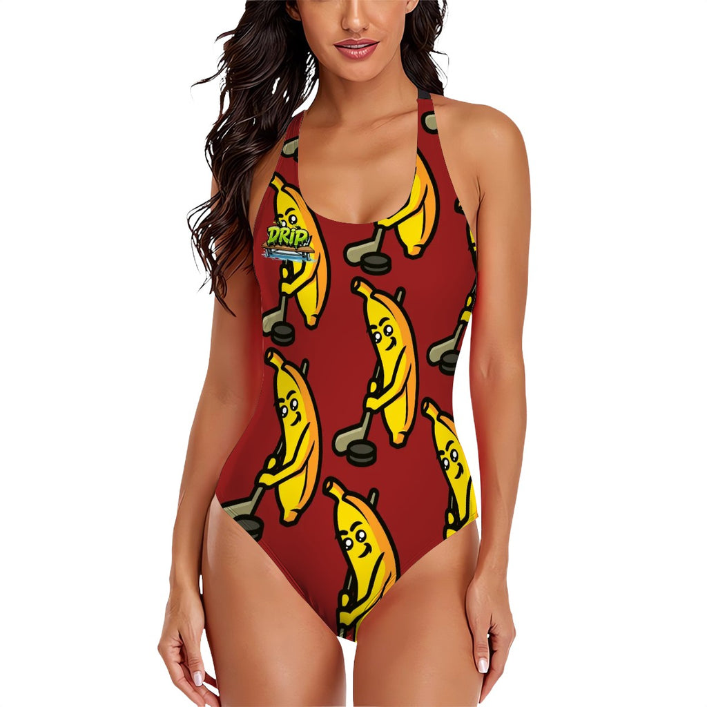 Cross-Back One Piece Swimsuit Women - Bananas about Hockey Classic Red