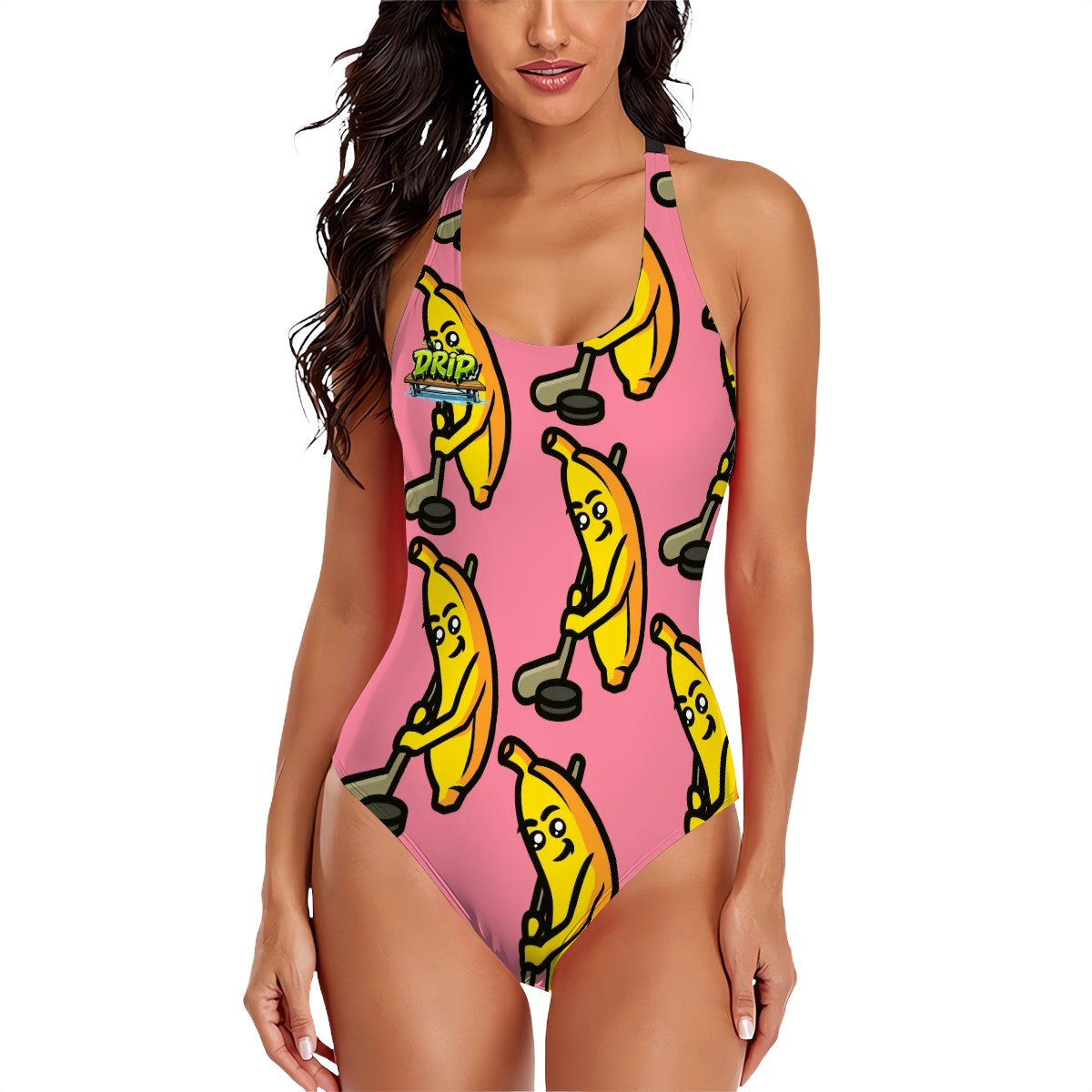 Cross-Back One Piece Swimsuit Women - Bananas about Hockey Pink