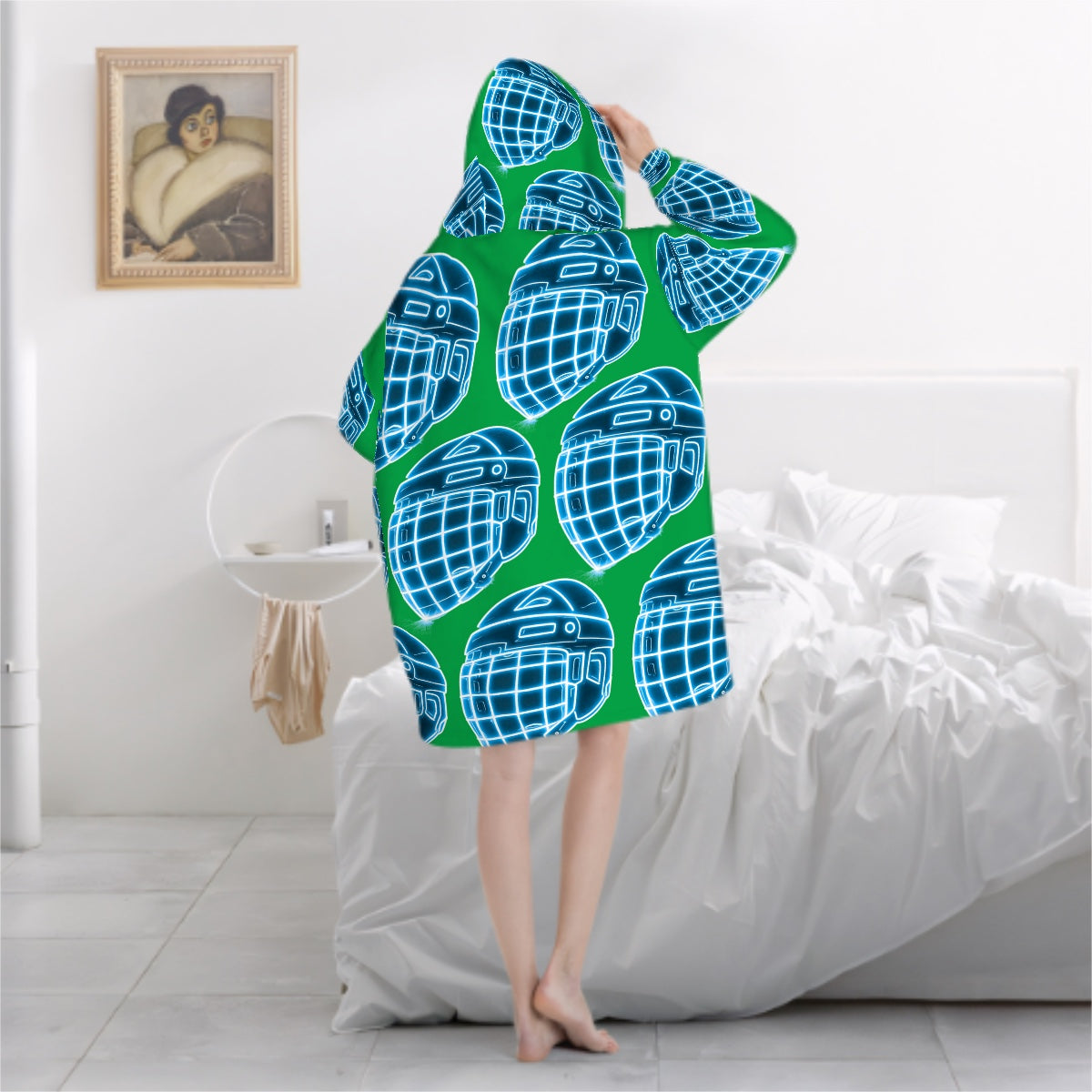 Adult Blanket Sweatshirt - Hockey Helmet Neon Blue Green