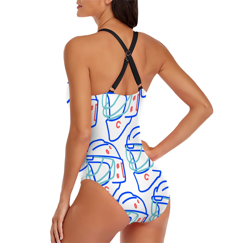 Cross-Back One Piece Swimsuit Women - Goalie Helmet Sketch White