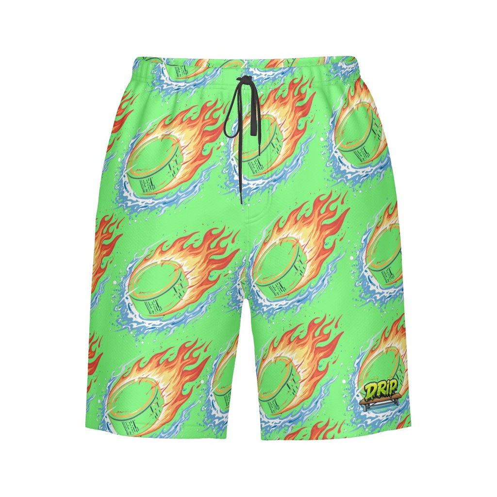 Men/Teen Swim Shorts - Flamin Hockey Pucks Hot Green