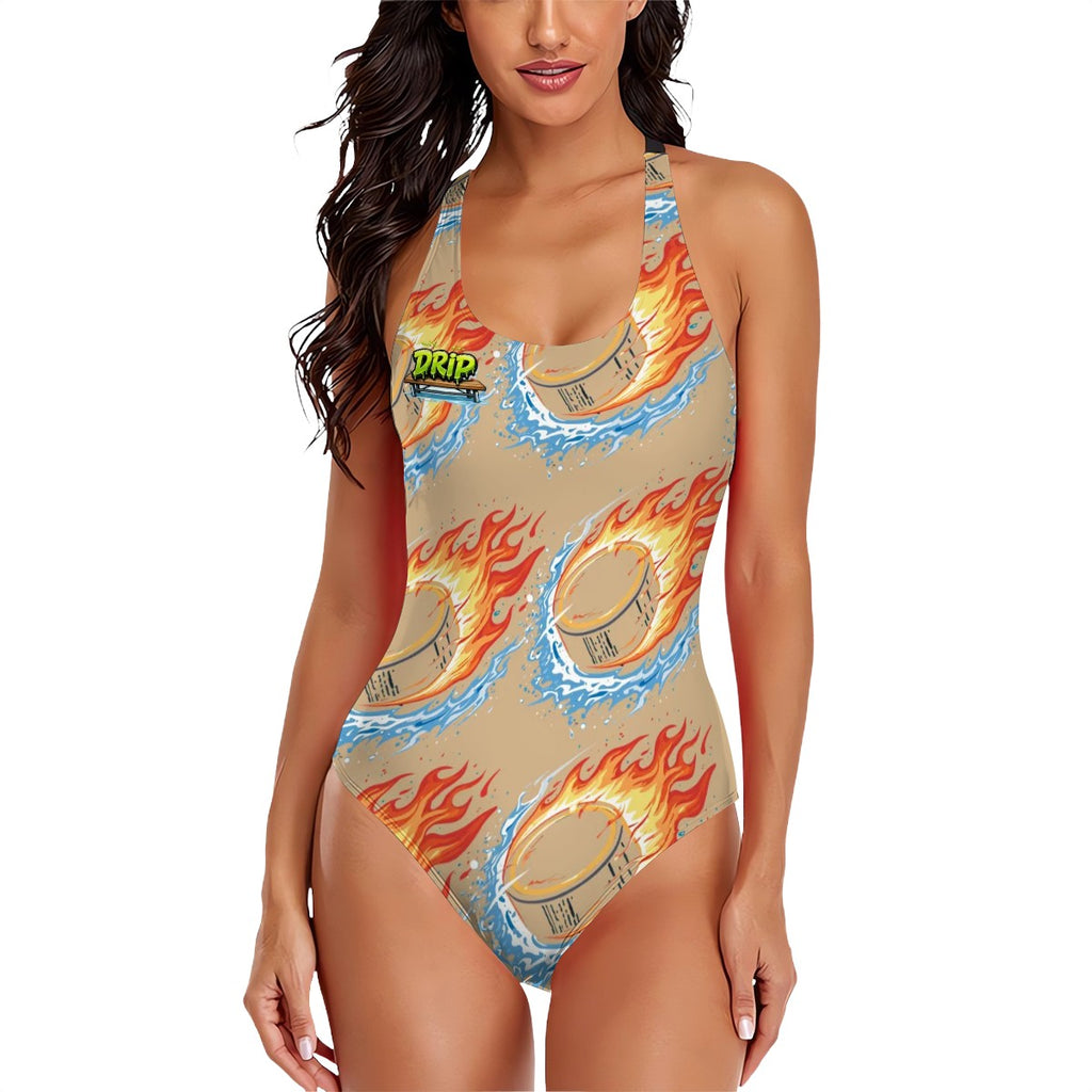 Cross-Back One Piece Swimsuit Women - Flamin Hockey Pucks Beige
