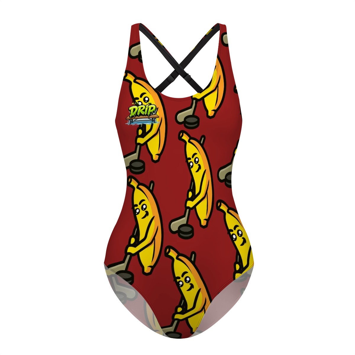 Cross-Back One Piece Swimsuit Women - Bananas about Hockey Classic Red