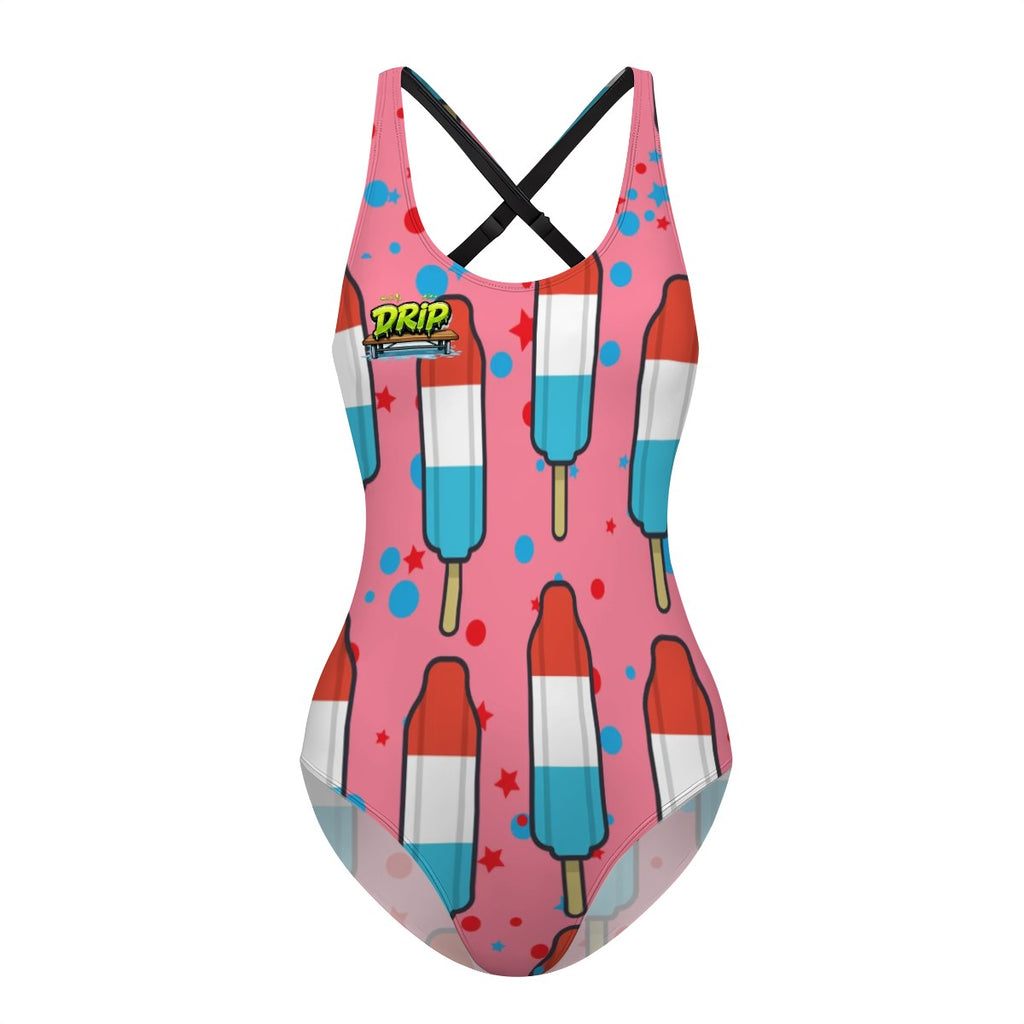 Cross-Back One Piece Swimsuit Women - Red White and Blue Pop Pink