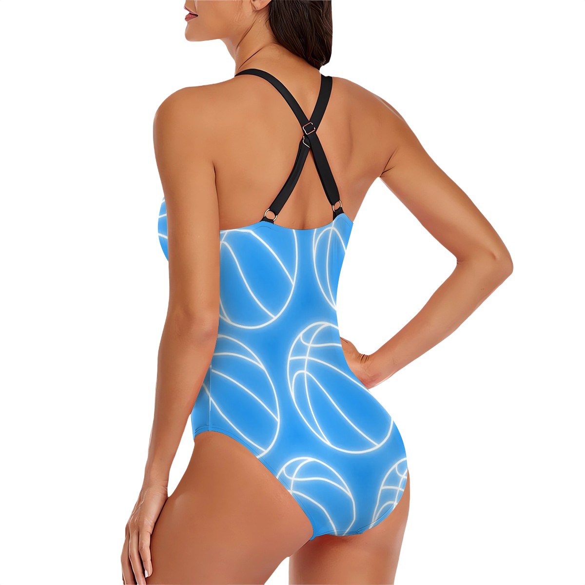 Cross-Back One Piece Swimsuit Women/Teen - Neon White Basketballs Sky Blue