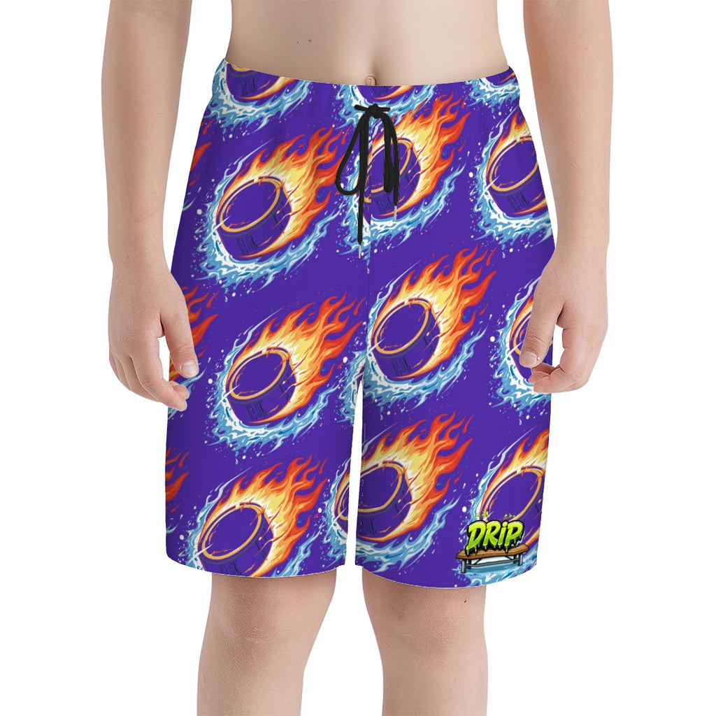 Youth Swim Shorts - Flamin Hockey Pucks Royal Purple