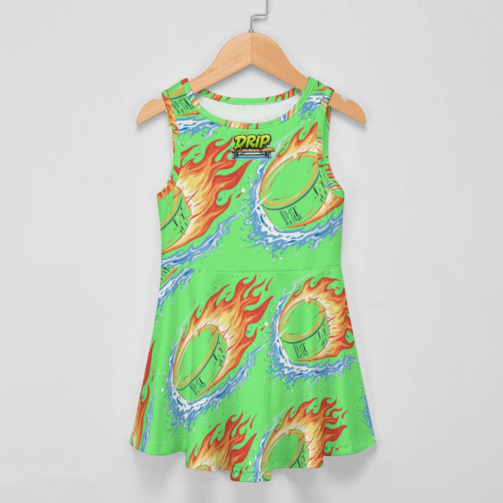Girl's Game Day Dress - Flamin Hockey Pucks Hot Green