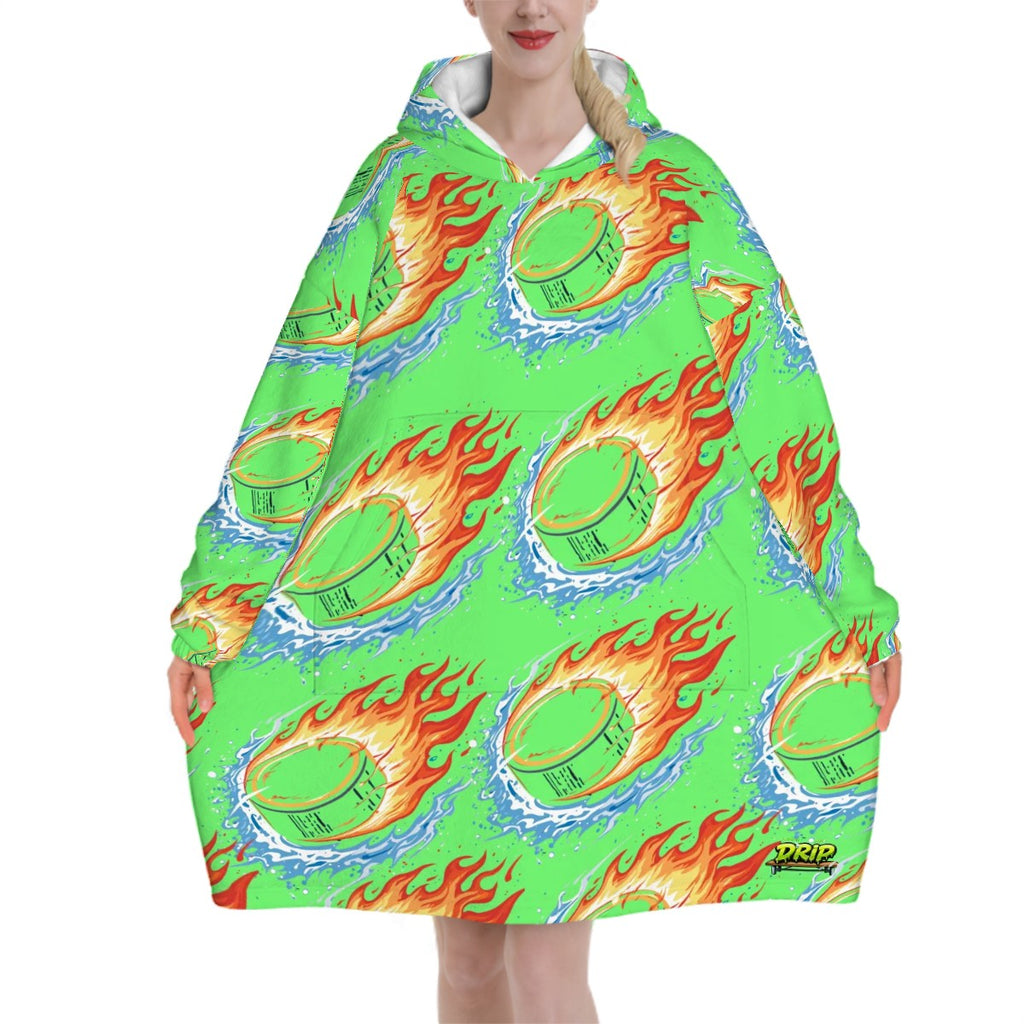 Adult Blanket Sweatshirt - Flamin Hockey Pucks Hot Green