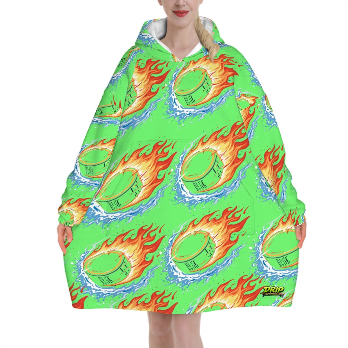 Adult Blanket Sweatshirt - Flamin Hockey Pucks Hot Green