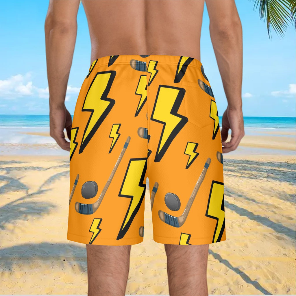 Men/Teen Swim Shorts - Lightning Bolts and Hockey Sticks Orange