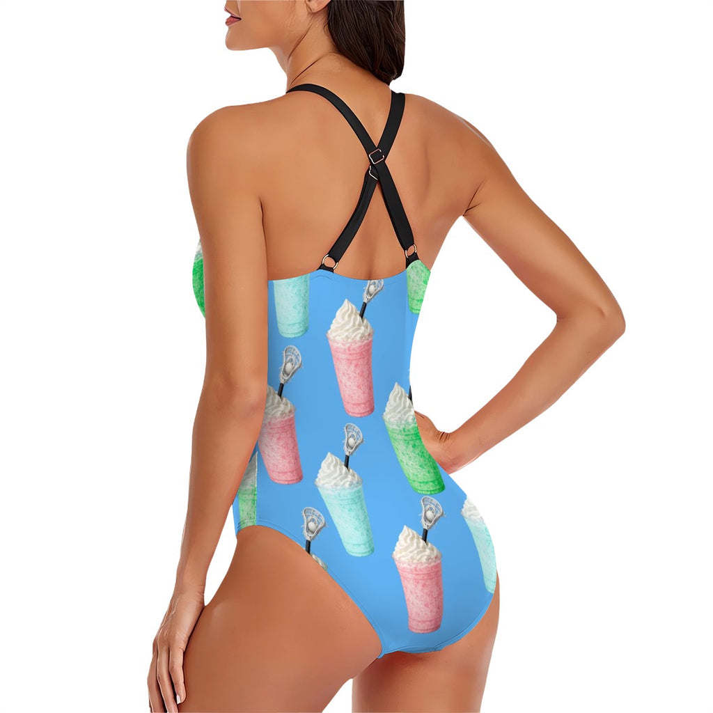 Cross-Back One Piece Swimsuit Women - Ice Cream Lacrosse Sky Blue