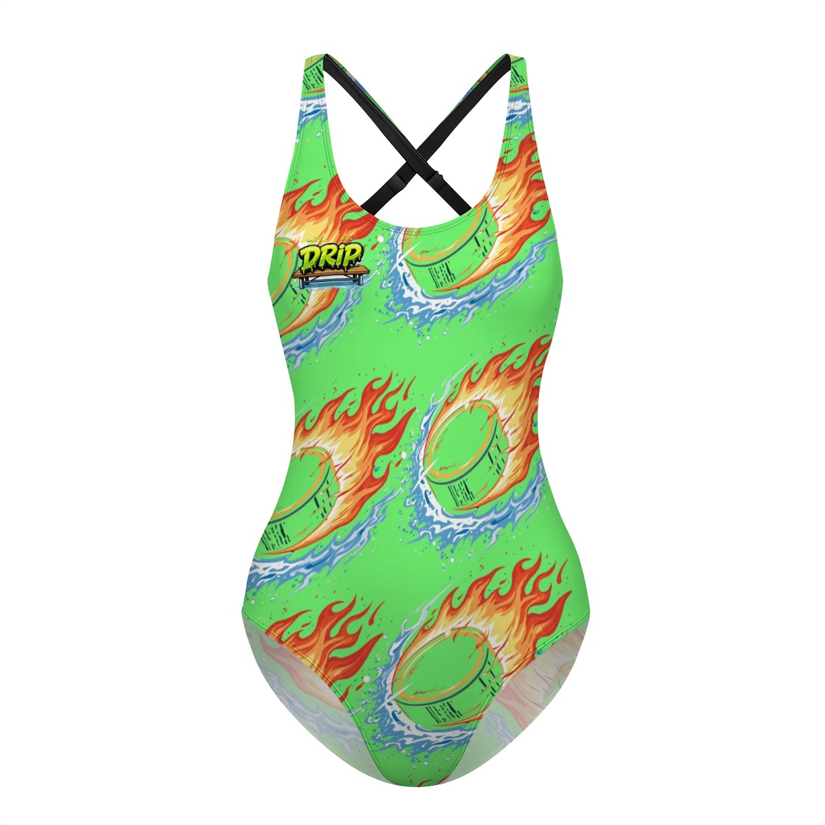 Cross-Back One Piece Swimsuit Women - Flamin Hockey Pucks Hot Green