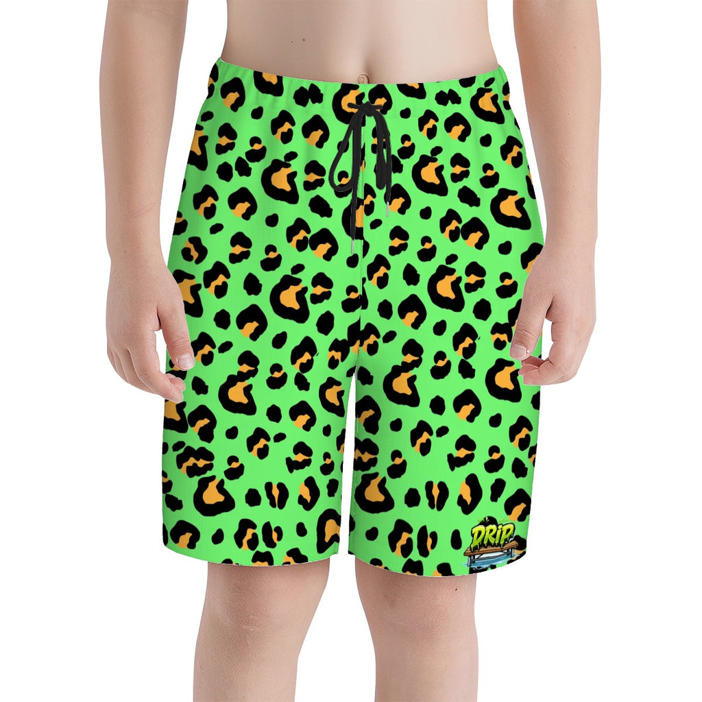 Youth Swim Shorts - Drip Bench Leopard Hot Green