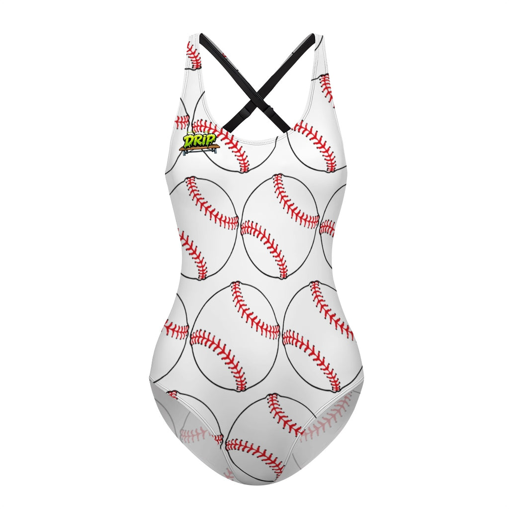 Cross-Back One Piece Swimsuit Women - Classic Baseball White