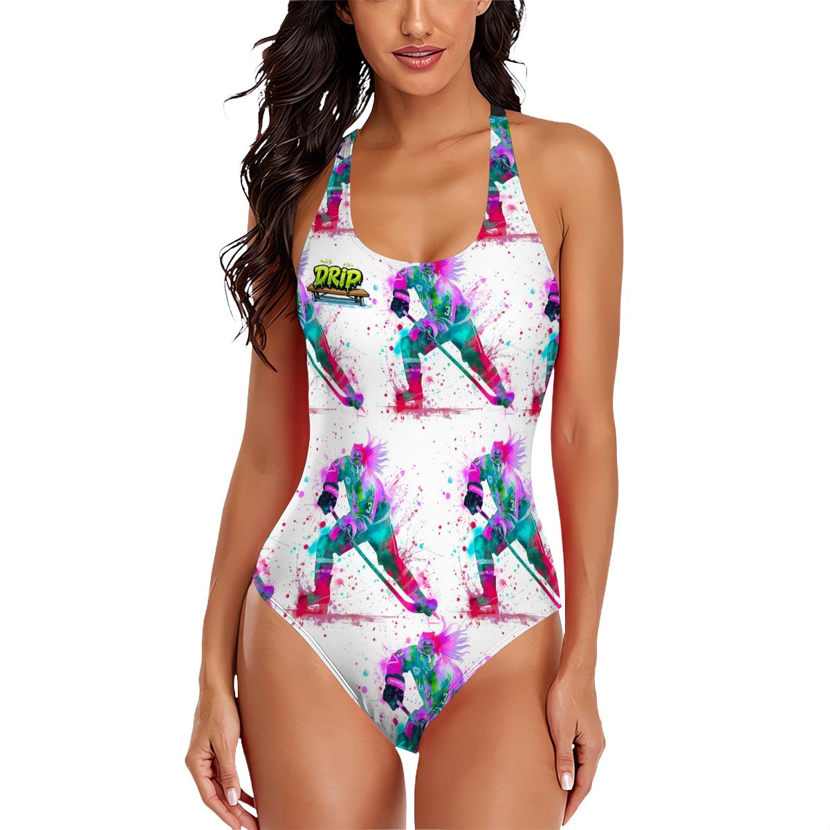 Cross-Back One Piece Swimsuit Women - Hockey Drip Flo White