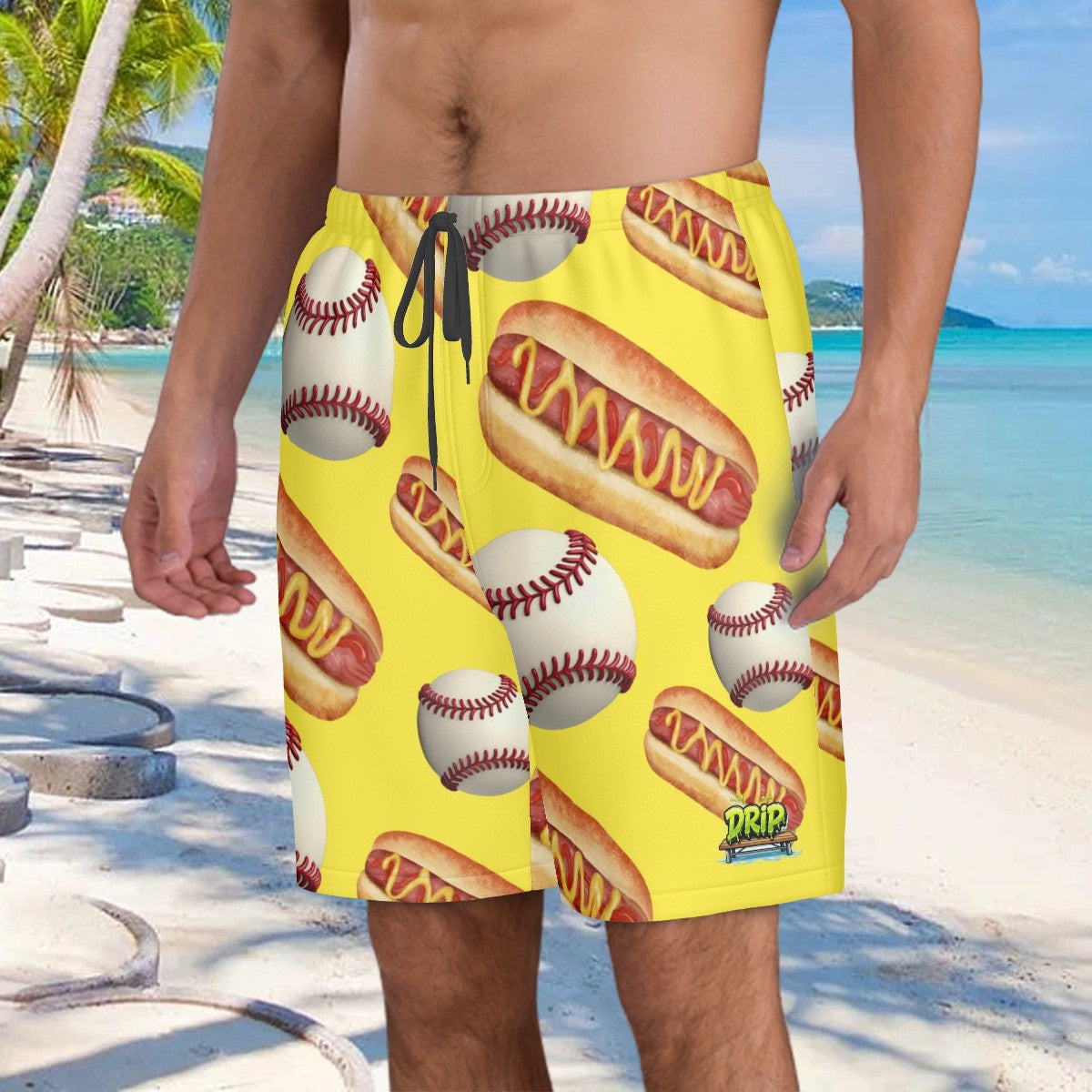 Men/Teen Swim Shorts - Baseballs and Hotdogs Yellow