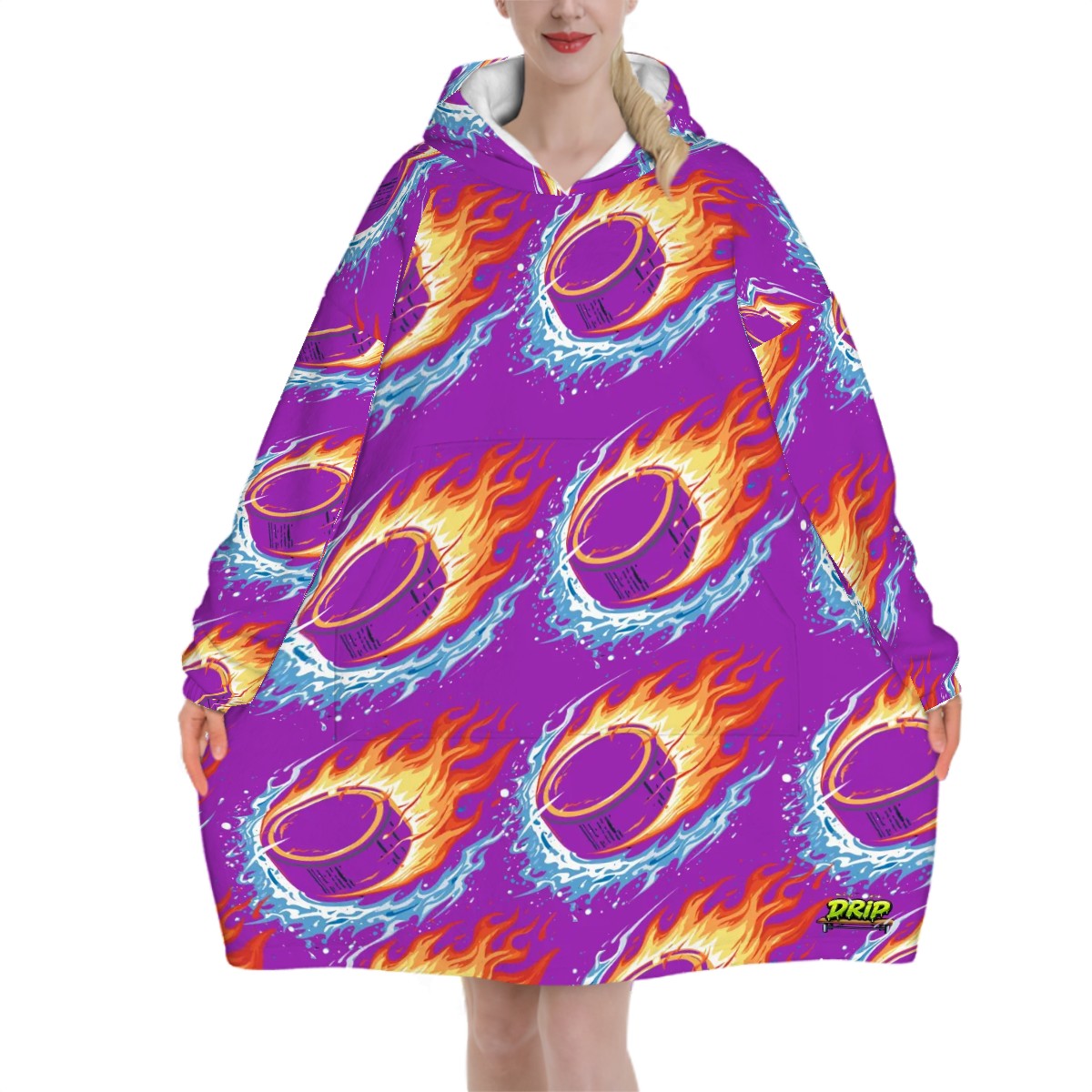 Adult Blanket Sweatshirt - Flamin Hockey Pucks Classic Purple