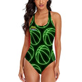 Cross-Back One Piece Swimsuit Women/Teen - Neon Green Basketballs Black