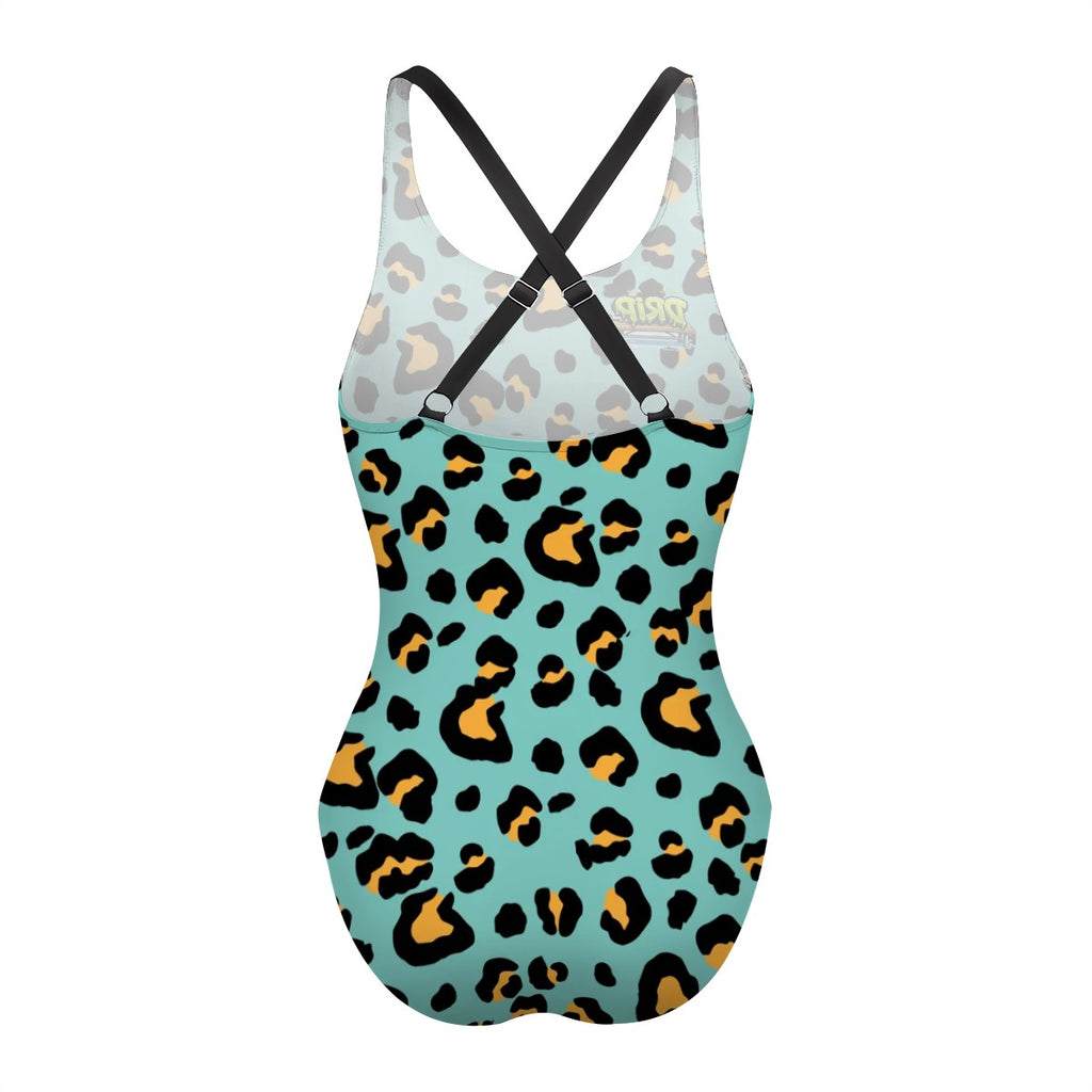 Cross-Back One Piece Swimsuit Women - Drip Bench Leopard Caribbean