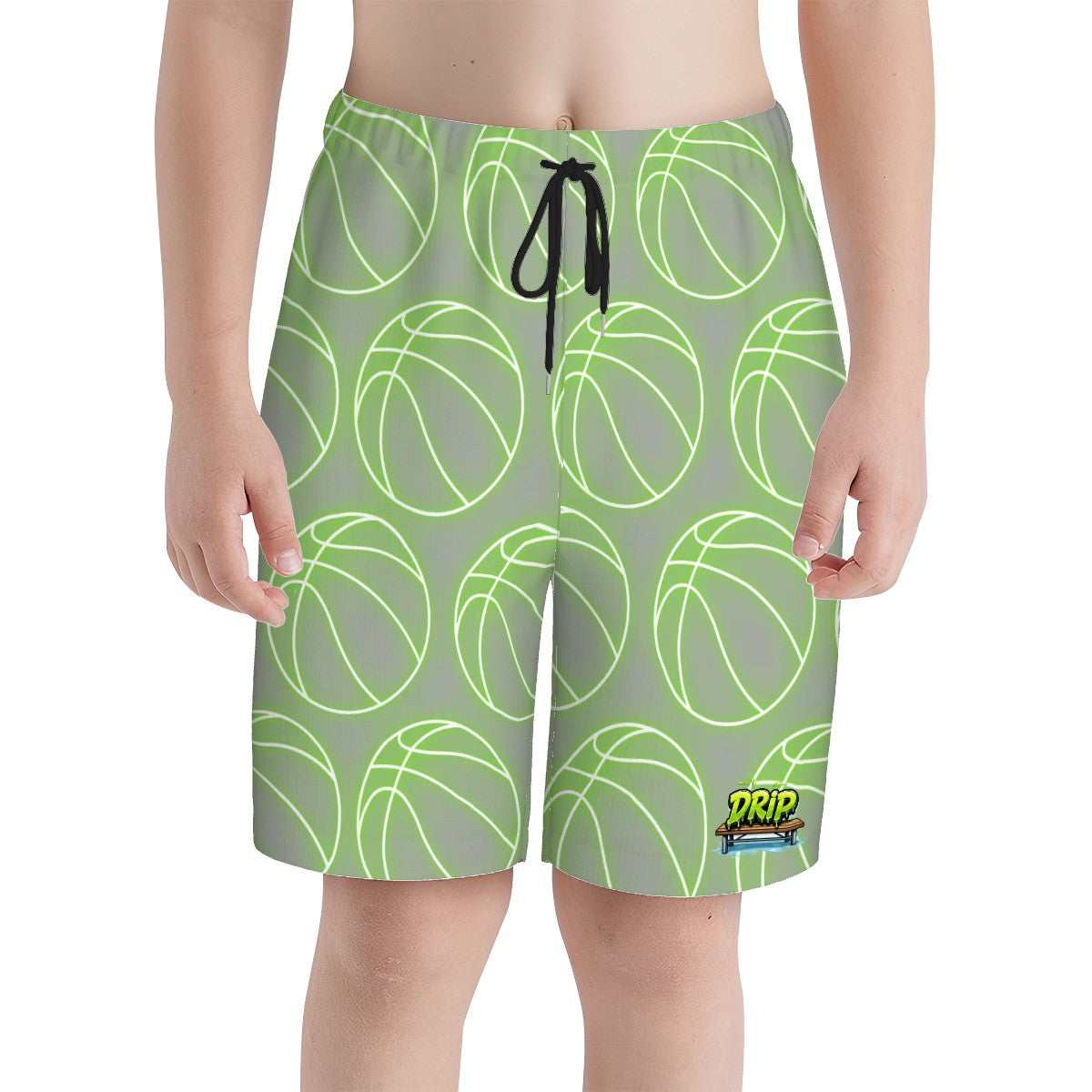 Youth Swim Shorts - Neon Basketballs Grey
