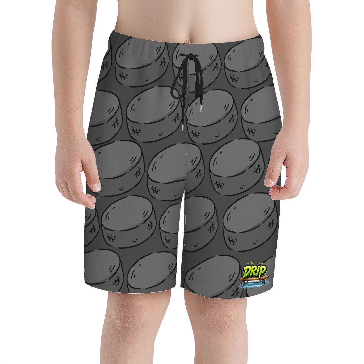 Youth Swim Shorts - Grey Hockey Pucks Grey