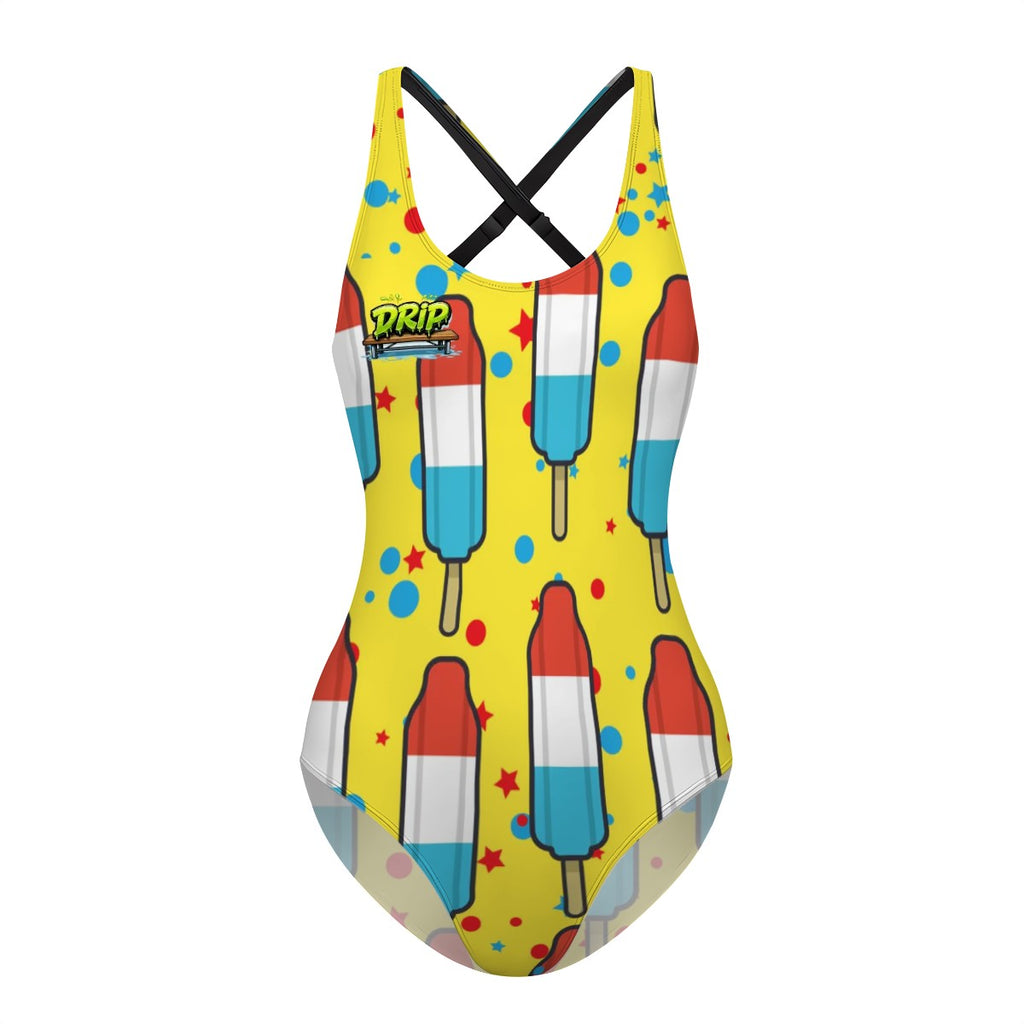 Cross-Back One Piece Swimsuit Women - Red White and Blue Pop Yellow