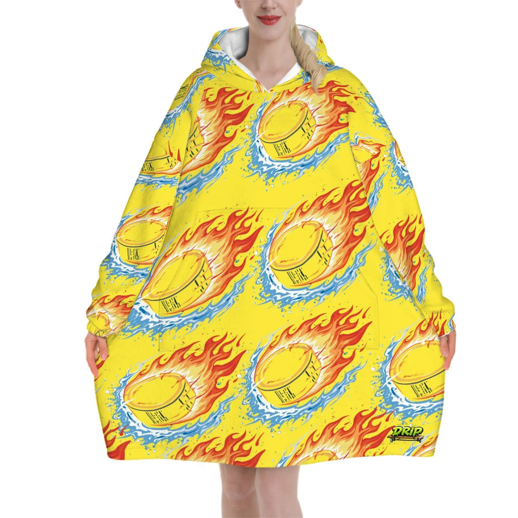 Adult Blanket Sweatshirt - Flamin Hockey Pucks Yellow