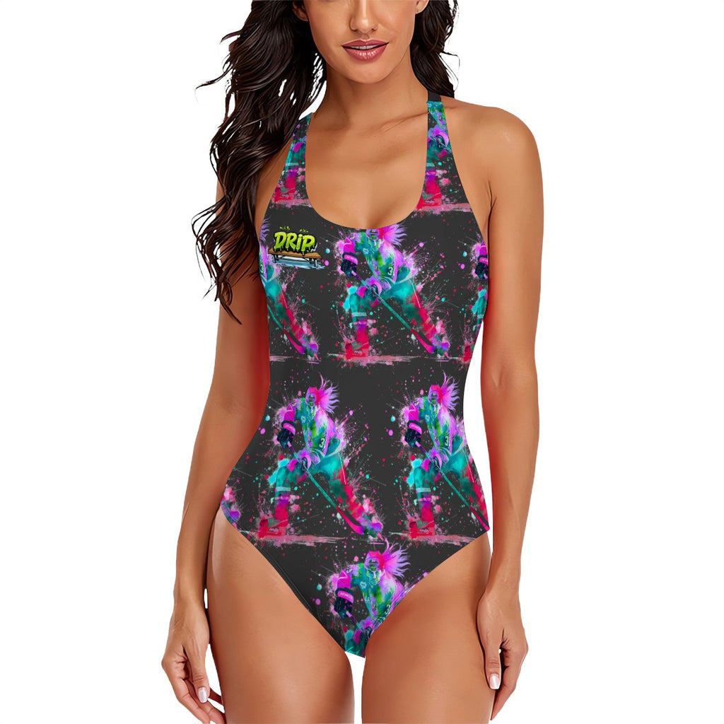 Cross-Back One Piece Swimsuit Women - Hockey Drip Flo Charcoal
