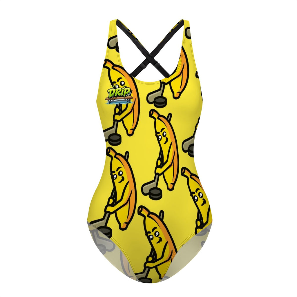 Cross-Back One Piece Swimsuit Women - Bananas about Hockey Yellow