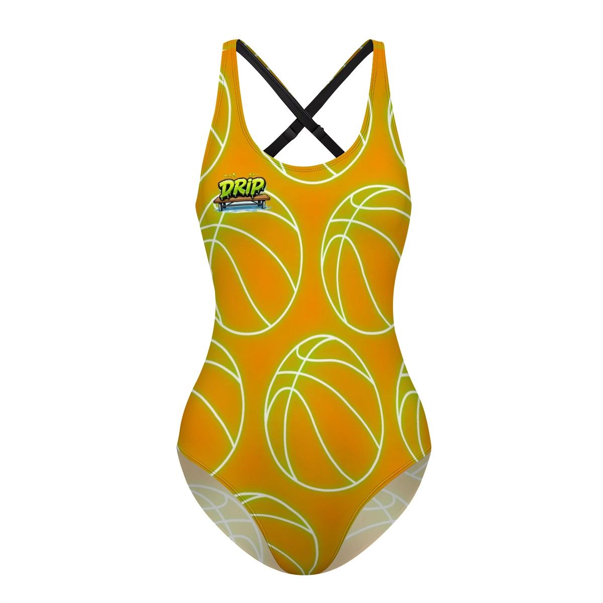 Cross-Back One Piece Swimsuit Women/Teen - Neon Green Basketballs Orange