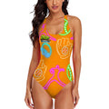 Cross-Back One Piece Swimsuit Women - Orange Neon Lights