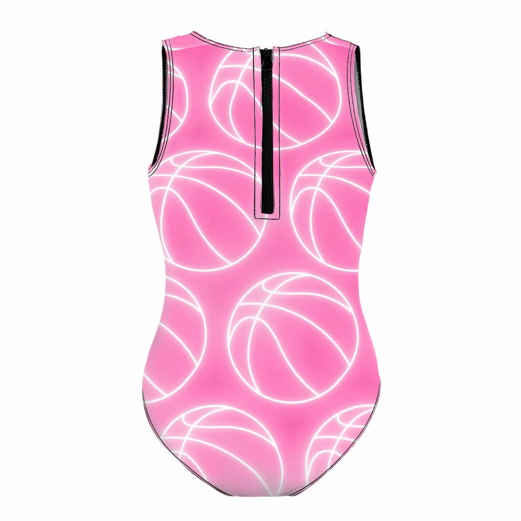 Girls One Piece Swimsuits - Neon White Basketballs Pink