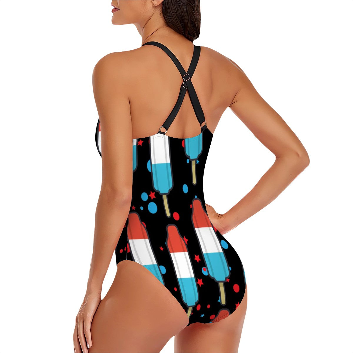Cross-Back One Piece Swimsuit Women - Red White and Blue Pop Black