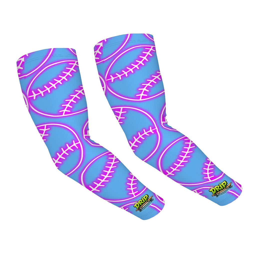 Drip Bench Performance Arm Sleeves - Neon Pink Baseballs Sky Blue