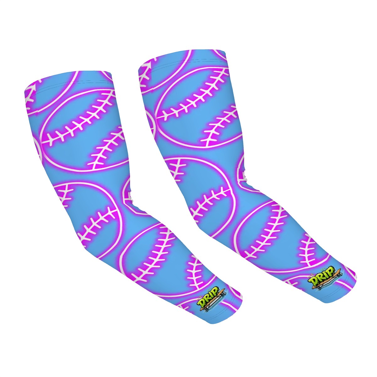 Drip Bench Performance Arm Sleeves - Neon Pink Baseballs Sky Blue