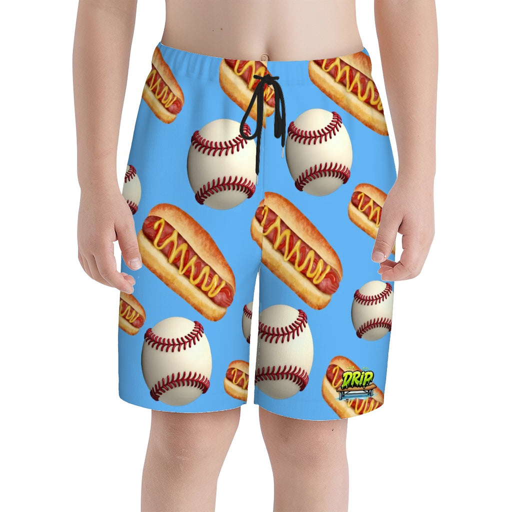 Youth Swim Shorts - Baseball and Hotdogs Blue
