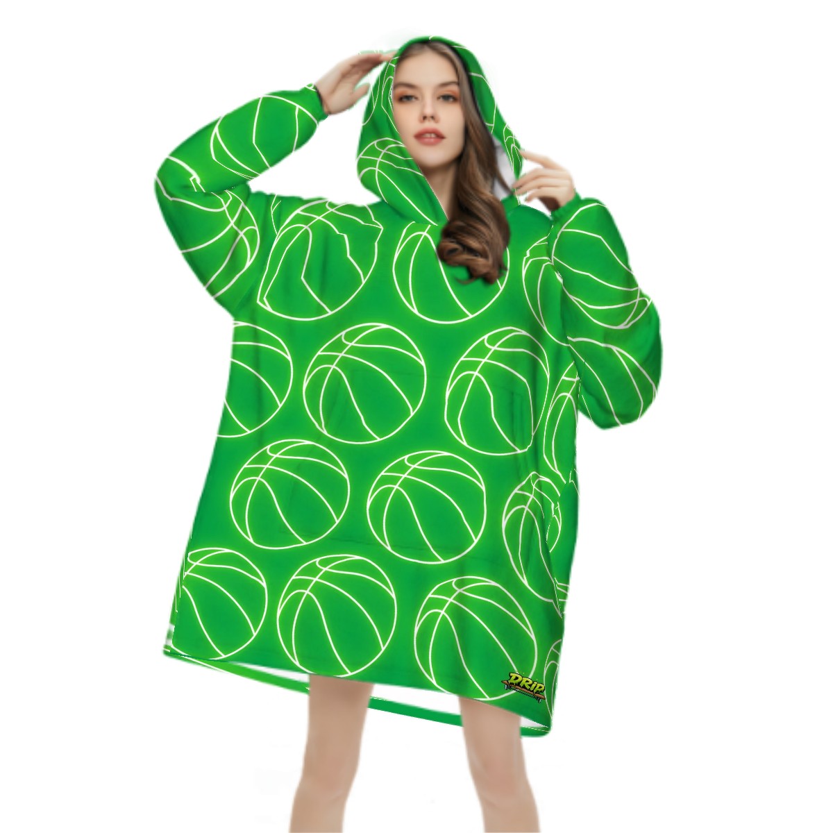 Adult Blanket Sweatshirt - Neon Basketballs Classic Green