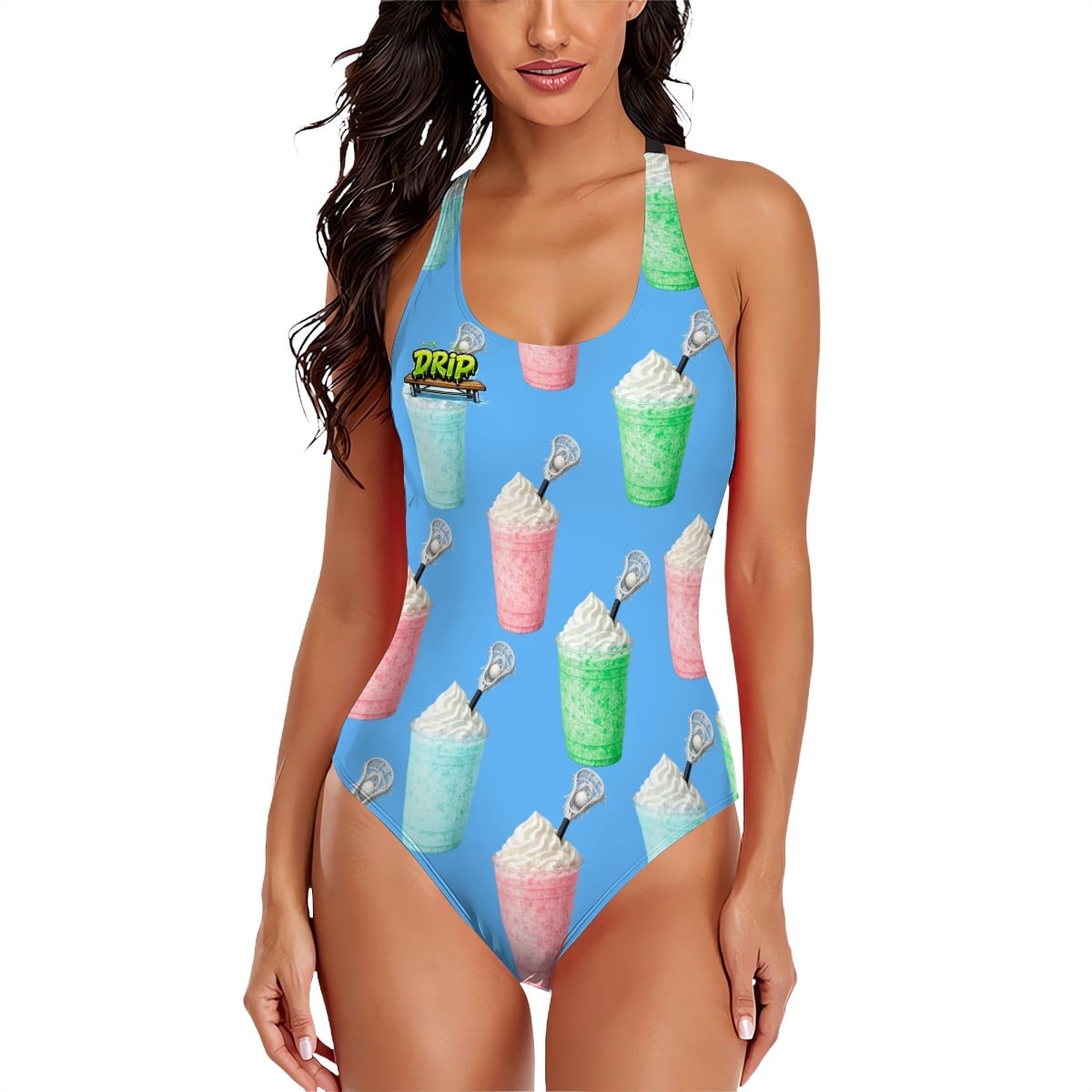 Cross-Back One Piece Swimsuit Women - Ice Cream Lacrosse Sky Blue