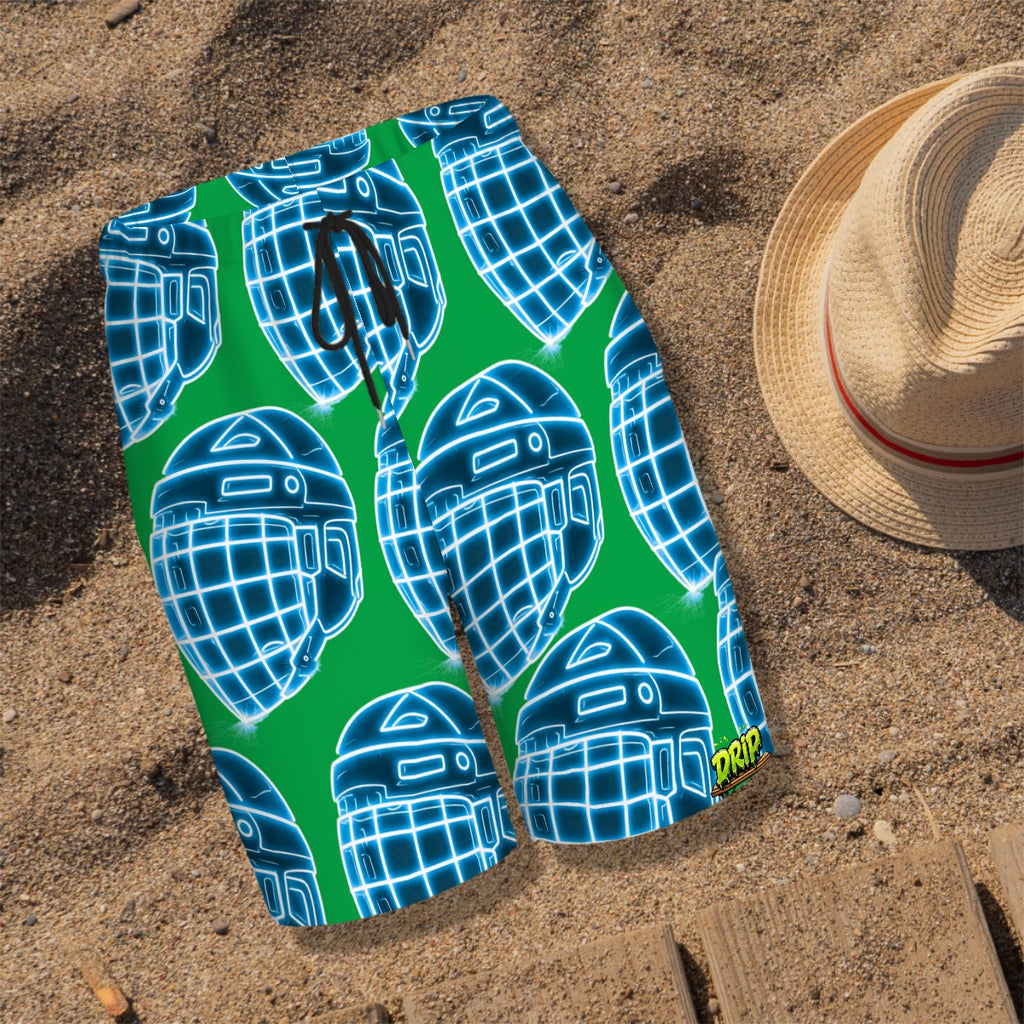 Youth Swim Shorts - Hockey Helmet Neon Blue Green