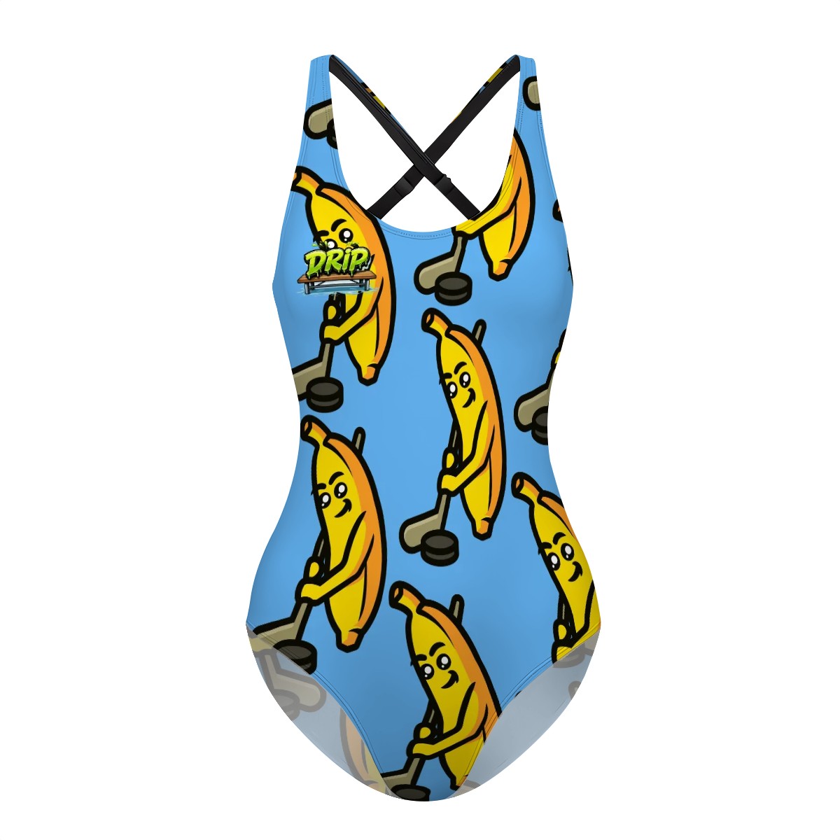 Cross-Back One Piece Swimsuit Women - Bananas about Hockey Sky Blue