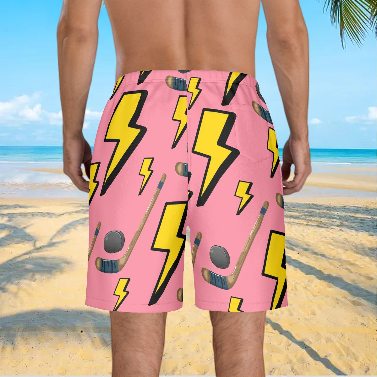 Men/Teen Swim Shorts - Lightning Bolts and Hockey Sticks Pink