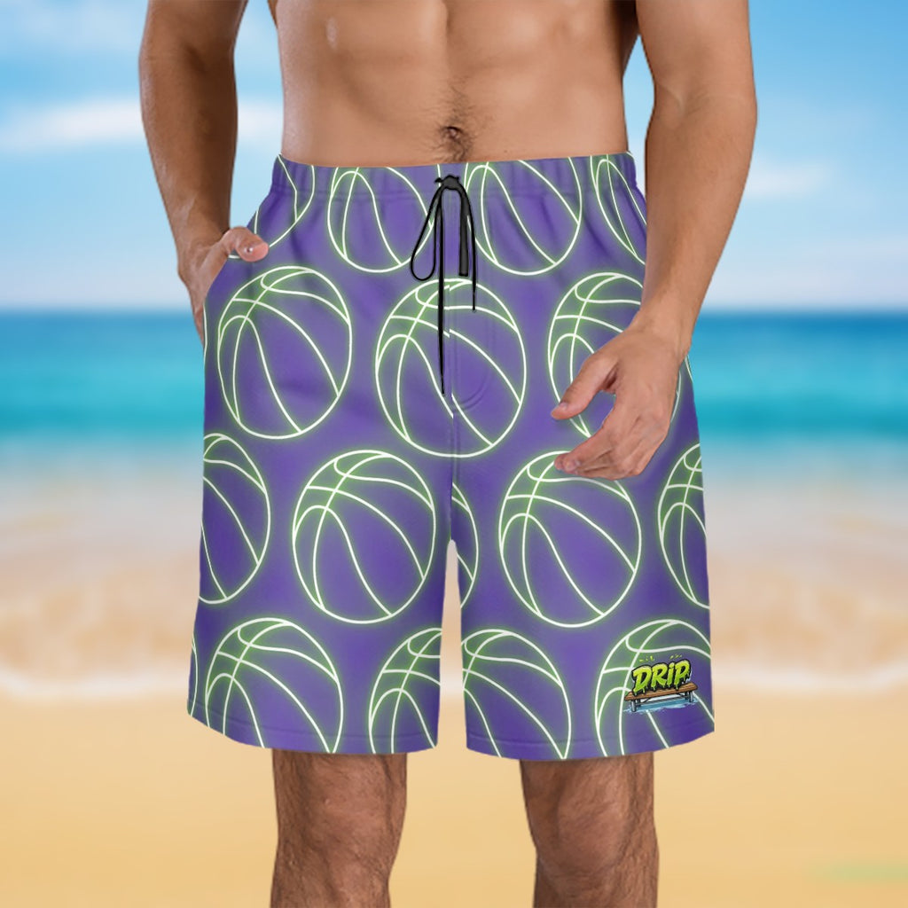 Men/Teen Swim Shorts - Neon Green Basketballs Purple