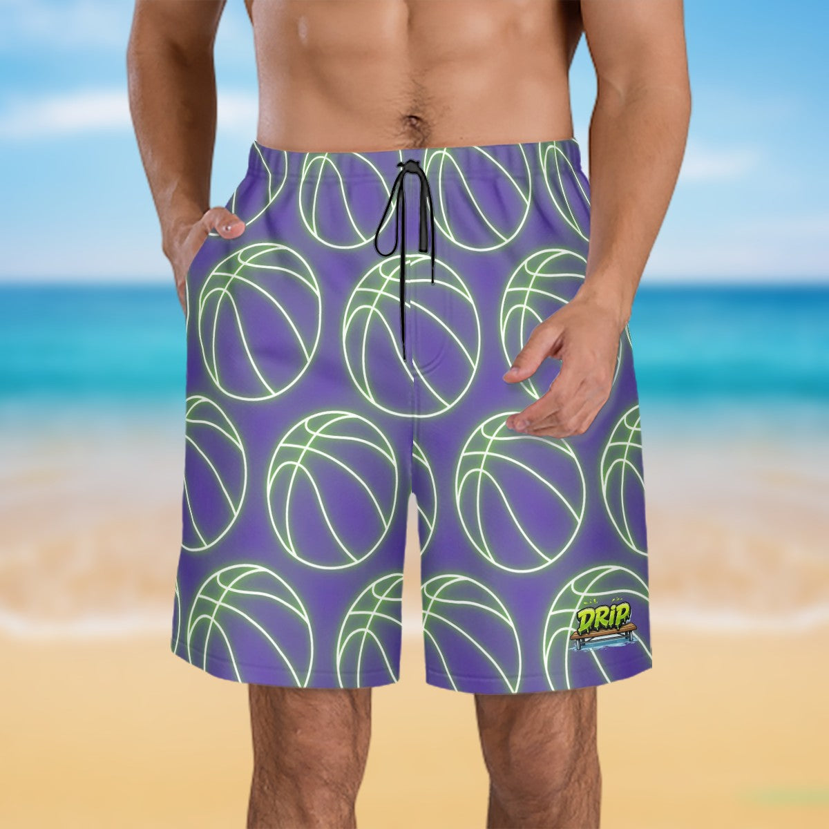 Men/Teen Swim Shorts - Neon Green Basketballs Purple