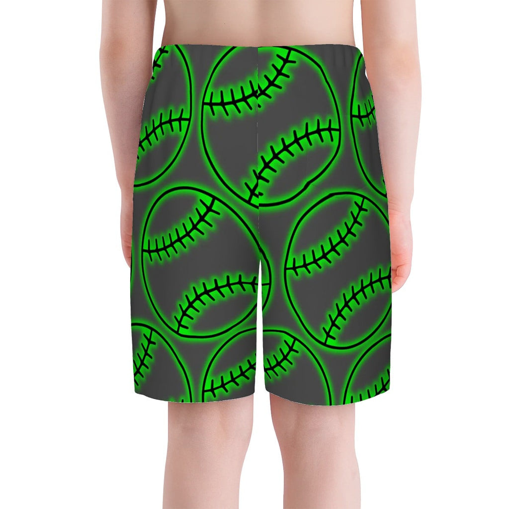 Youth Swim Shorts - Neon Green Baseballs Charcoal