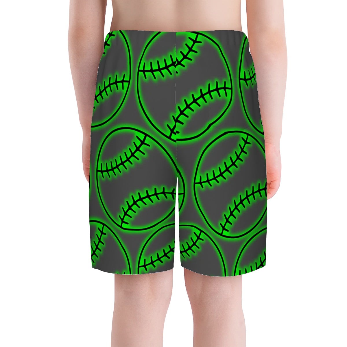 Youth Swim Shorts - Neon Green Baseballs Charcoal
